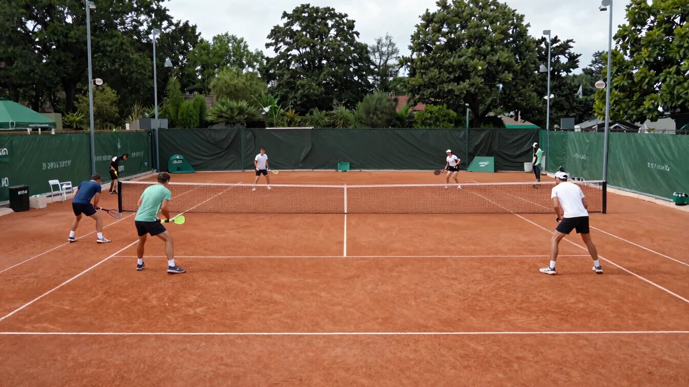 Wide documentary photograph of players warming up on clay courts