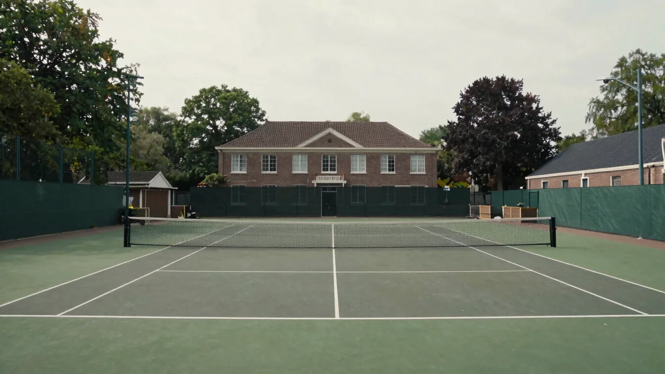 Wide documentary view of a quiet tennis court at a Dutch club wit