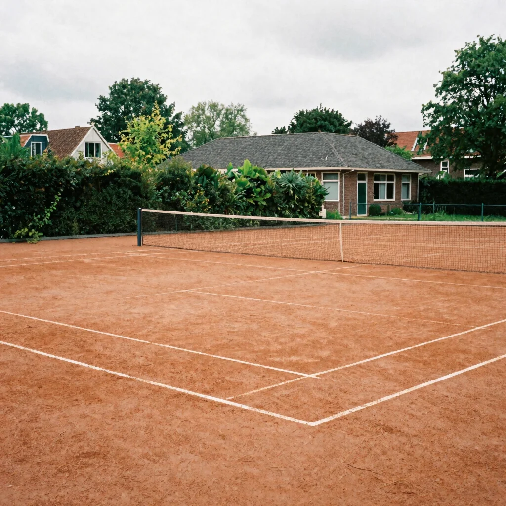 Wide documentary photograph of a clay tennis court at a Dutch nei