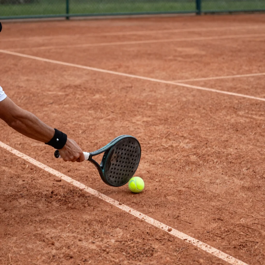 Close action shot of a player reaching for a forehand on a gravel