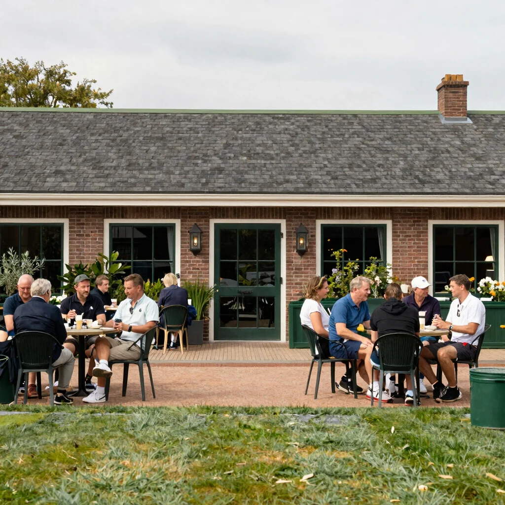Wide shot of the clubhouse terrace at a Dutch tennis club, member