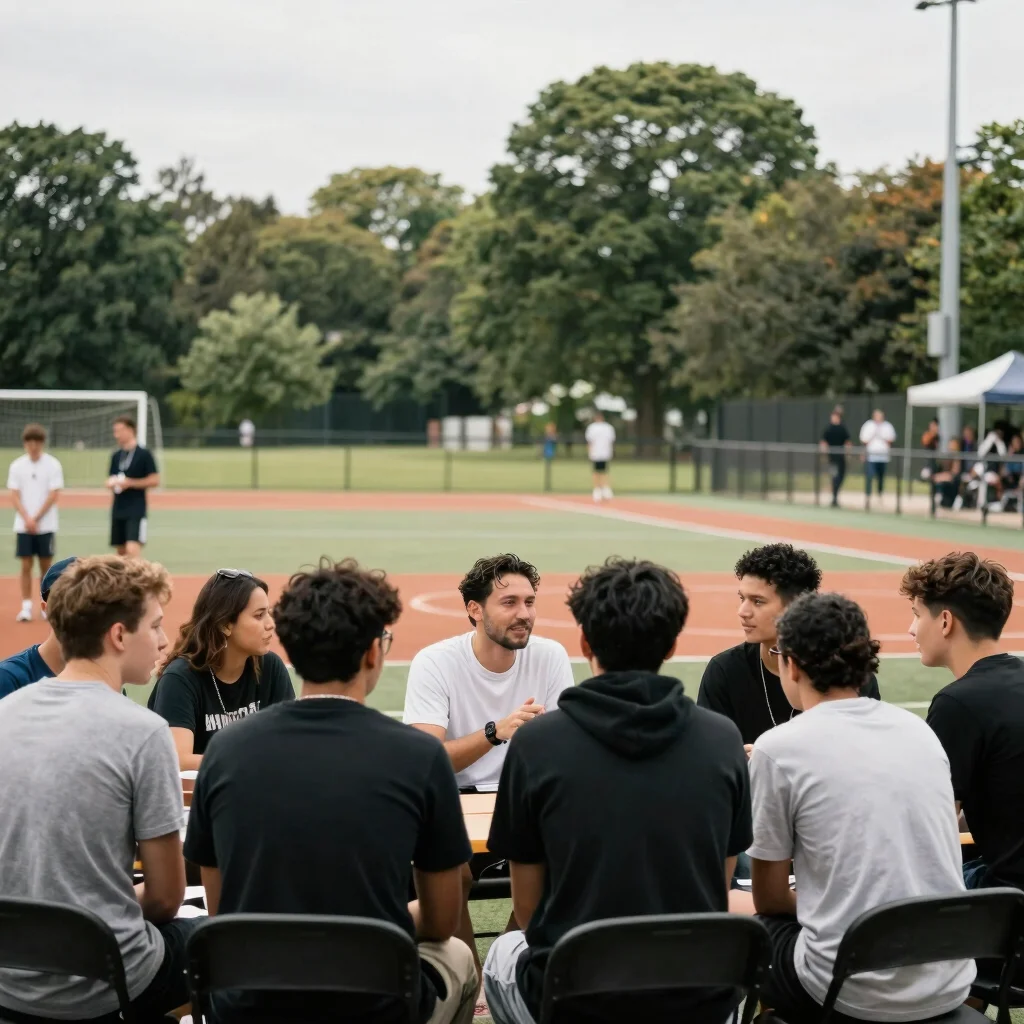 Spontaneous moment of club members talking courtside between matc