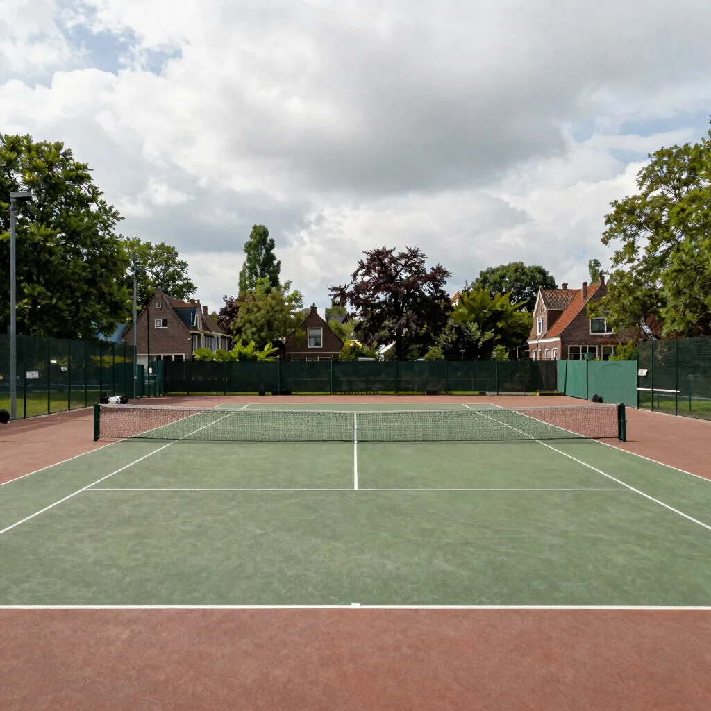 Wide panoramic view of several outdoor tennis courts surrounded b